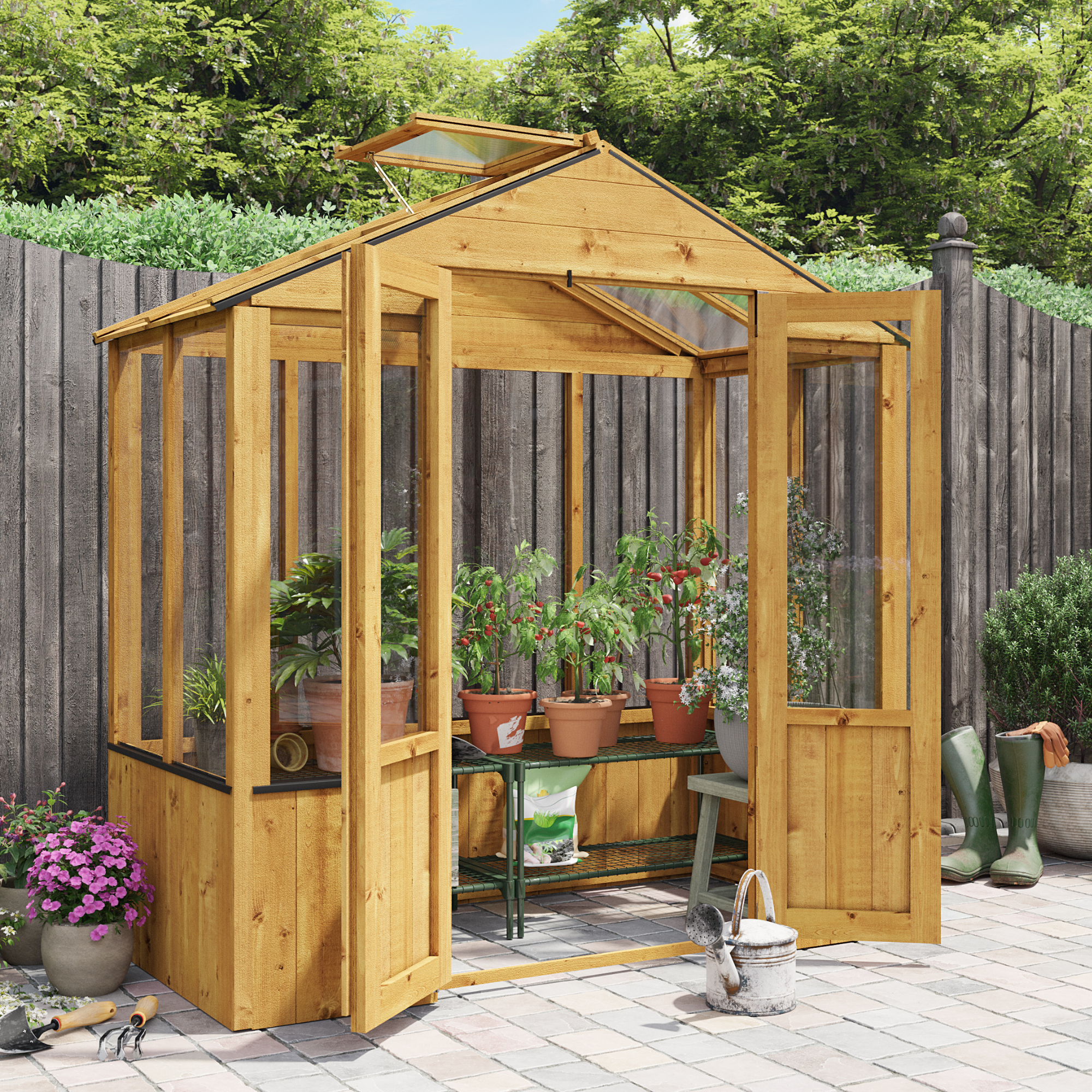 3x6 Wooden Clear Wall Greenhouse with Opening Roof Vent | Lincoln Wooden Greenhouse